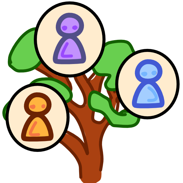 A tree with 3 tan circles on it, inside each circle is a figure, one yellow, one purple, and one blue.